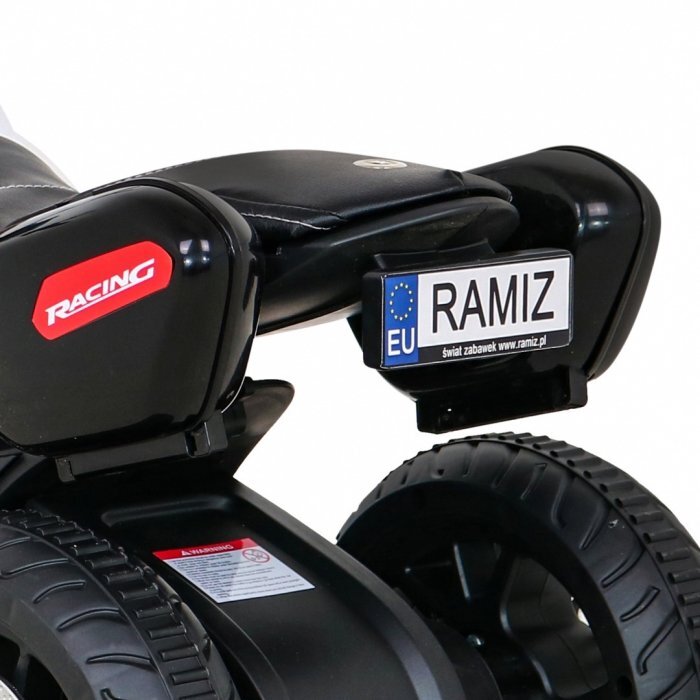 Ramiz Motocicleta electrica pentru copii Fast Tourist 83x35x63 cm alb 18W cu lumini scaun piele si panou audio