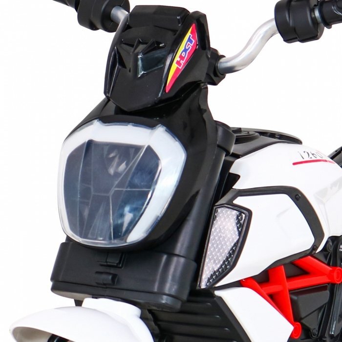 Ramiz Motocicleta electrica pentru copii Fast Tourist 83x35x63 cm alb 18W cu lumini scaun piele si panou audio