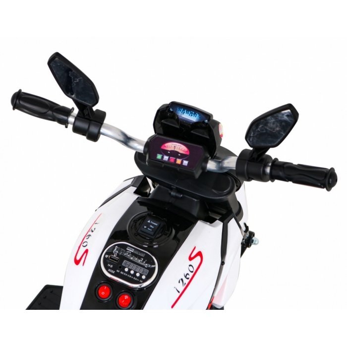 Ramiz Motocicleta electrica pentru copii Fast Tourist 83x35x63 cm alb 18W cu lumini scaun piele si panou audio