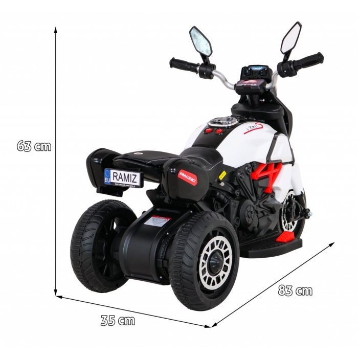 Ramiz Motocicleta electrica pentru copii Fast Tourist 83x35x63 cm alb 18W cu lumini scaun piele si panou audio