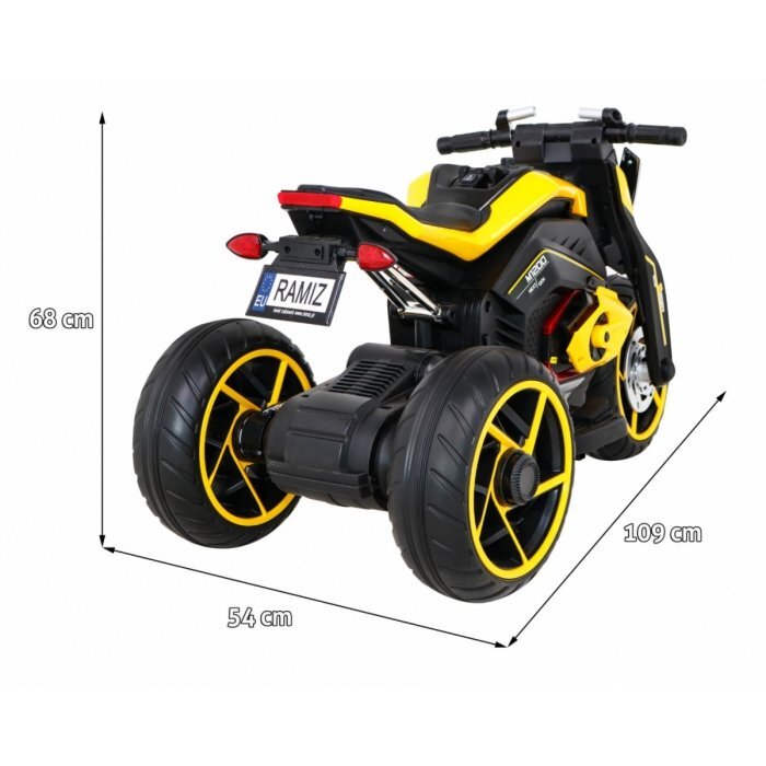 Ramiz Motocicleta electrica pentru copii Future LL8001-A galben 50W cu panou audio si roti din spuma Eva 109x54x68 cm