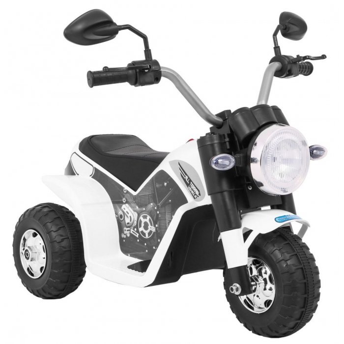Ramiz Motocicleta electrica pentru copii MiniBike 71x53x57 cm alb cu scaun piele panou audio sunete si lumini