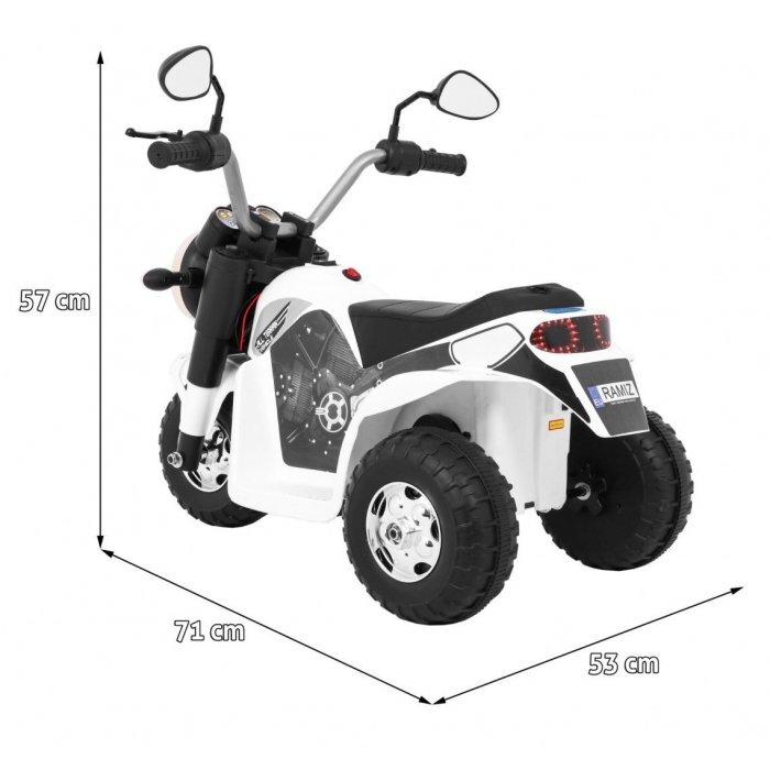 Ramiz Motocicleta electrica pentru copii MiniBike 71x53x57 cm alb cu scaun piele panou audio sunete si lumini