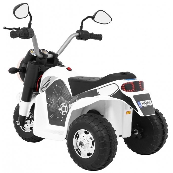 Ramiz Motocicleta electrica pentru copii MiniBike 71x53x57 cm alb cu scaun piele panou audio sunete si lumini