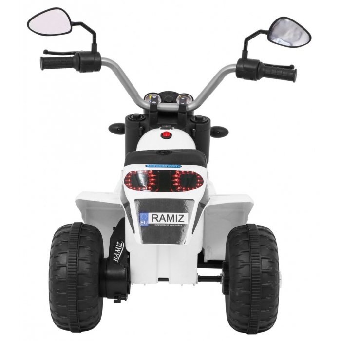 Ramiz Motocicleta electrica pentru copii MiniBike 71x53x57 cm alb cu scaun piele panou audio sunete si lumini