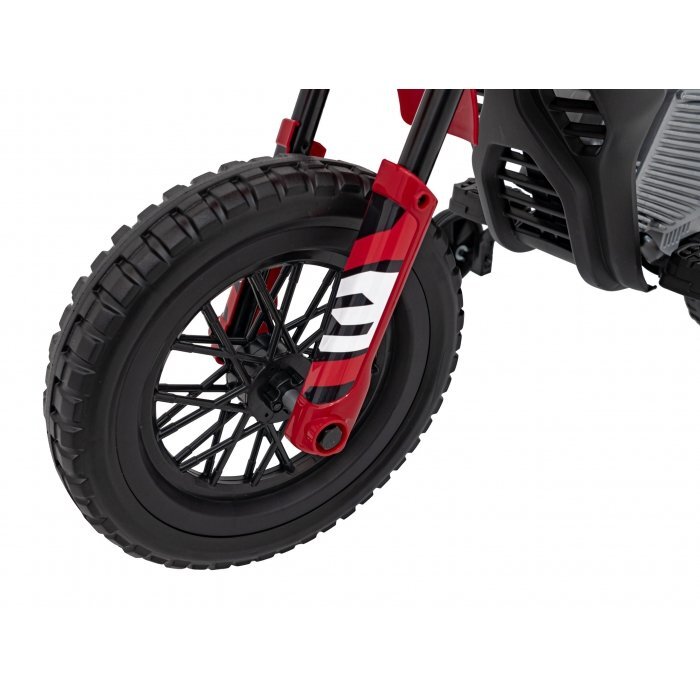 Ramiz Motocicleta electrica pentru copii Pantone rosu 361C cu 2 roti ajutatoare panou audio pornire lenta scaun piele si roti din spuma Eva 108x59x72 cm
