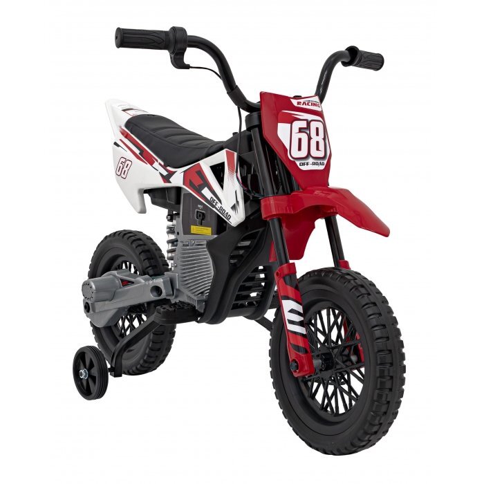 Ramiz Motocicleta electrica pentru copii Pantone rosu 361C cu 2 roti ajutatoare panou audio pornire lenta scaun piele si roti din spuma Eva 108x59x72 cm