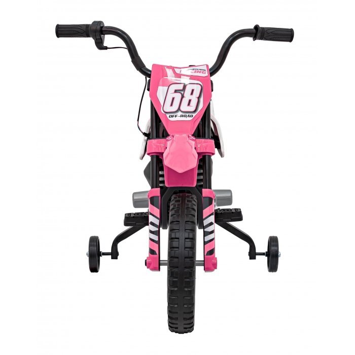 Ramiz Motocicleta electrica pentru copii Pantone roz 361C cu 2 roti ajutatoare panou audio pornire lenta scaun piele si roti din spuma Eva 108x59x72 cm