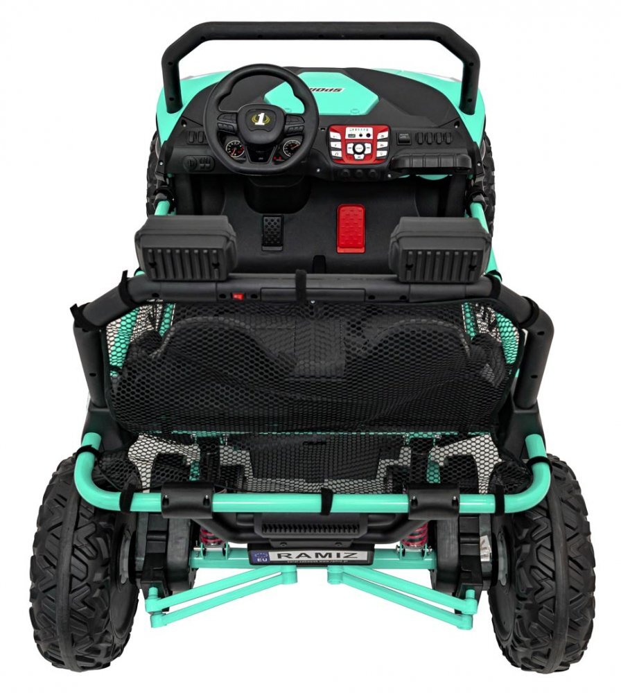 Ramiz UTV electric pentru 2 copii Faster 4x4 cu 2 motoare 150W baterie 24V10Ah telecomanda 2.4 GHz roti din spuma EVA suspensii pornire la buton lumini LED frontale cu MP3 USB Radio Bluetooth pana la 59 kg