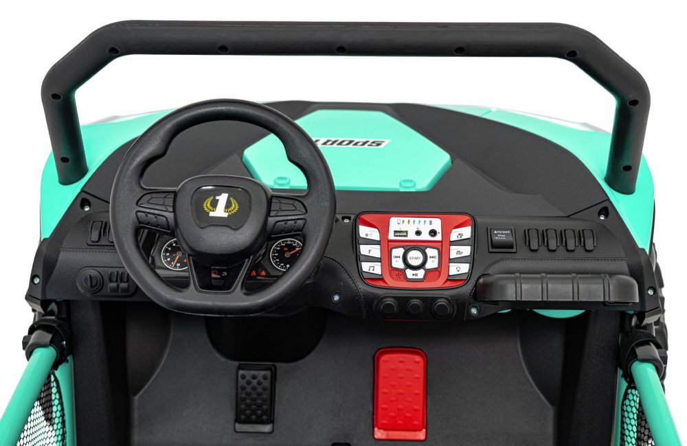 Ramiz UTV electric pentru 2 copii Faster 4x4 cu 2 motoare 150W baterie 24V10Ah telecomanda 2.4 GHz roti din spuma EVA suspensii pornire la buton lumini LED frontale cu MP3 USB Radio Bluetooth pana la 59 kg