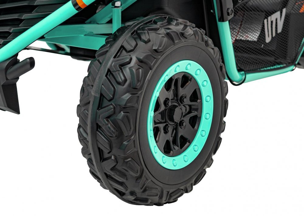 Ramiz UTV electric pentru 2 copii Faster 4x4 cu 2 motoare 150W baterie 24V10Ah telecomanda 2.4 GHz roti din spuma EVA suspensii pornire la buton lumini LED frontale cu MP3 USB Radio Bluetooth pana la 59 kg