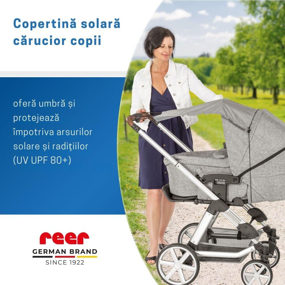 REER Copertina solara pentru carucior protectie UV UPF 80+ parasolar universal reglabil protectie vant si ploaie usoara prindere elastica universala montare rapida ShineSafe gri melange