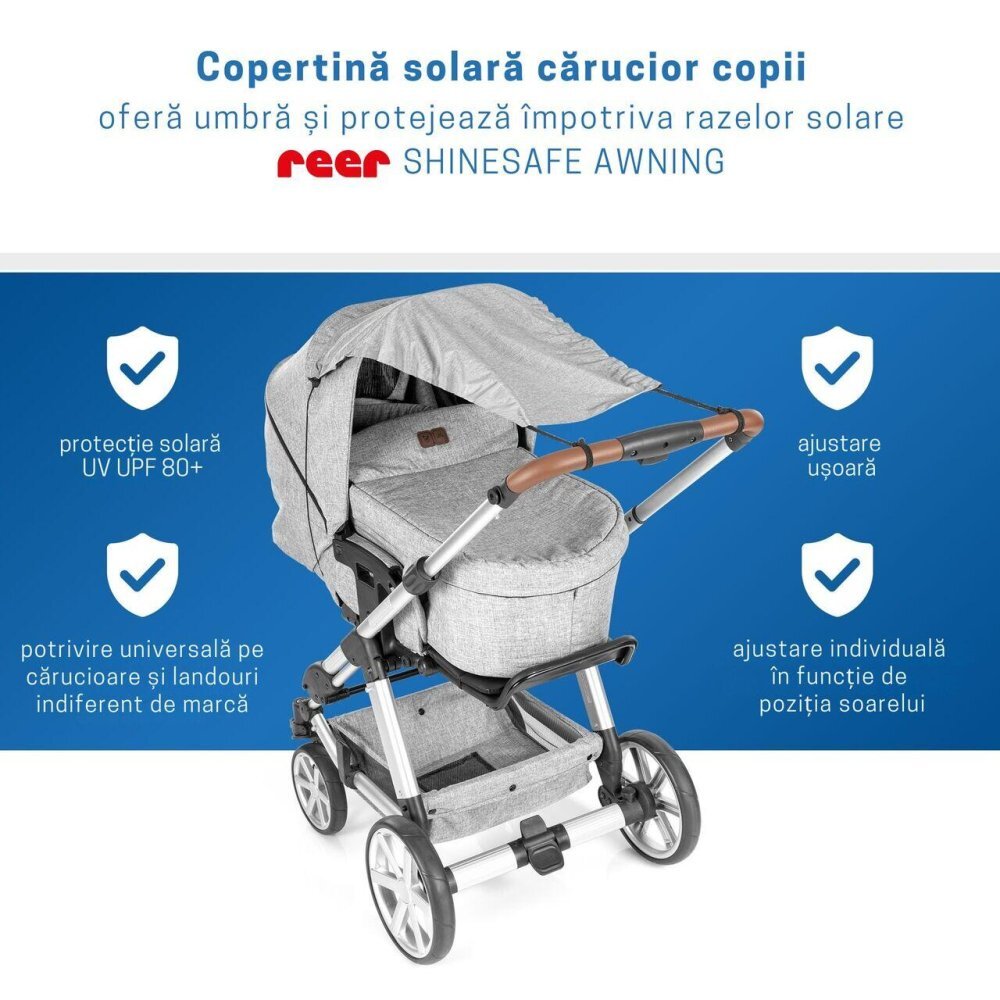 REER Copertina solara pentru carucior protectie UV UPF 80+ parasolar universal reglabil protectie vant si ploaie usoara prindere elastica universala montare rapida ShineSafe gri melange