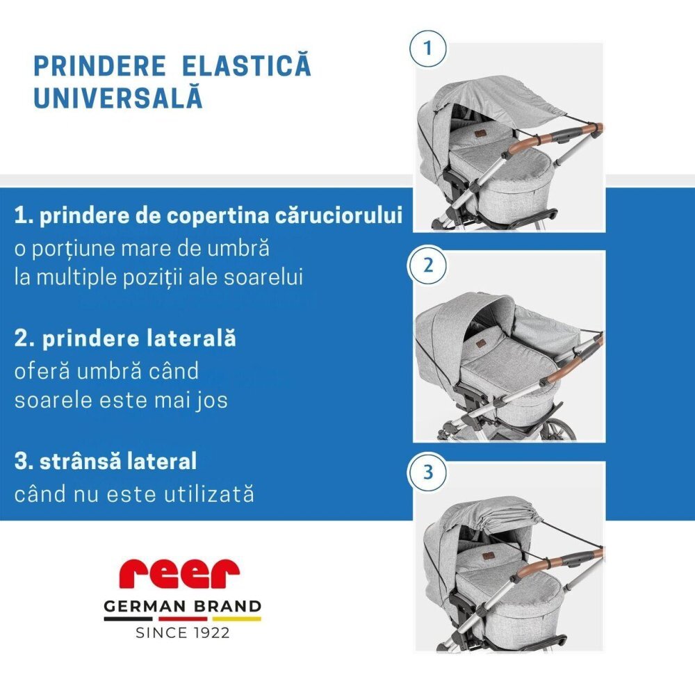 REER Copertina solara pentru carucior protectie UV UPF 80+ parasolar universal reglabil protectie vant si ploaie usoara prindere elastica universala montare rapida ShineSafe gri melange