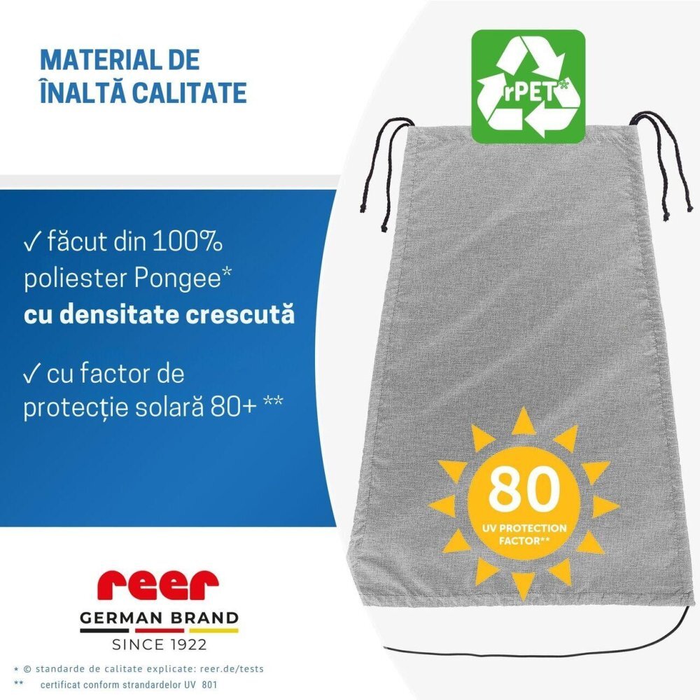 REER Copertina solara pentru carucior protectie UV UPF 80+ parasolar universal reglabil protectie vant si ploaie usoara prindere elastica universala montare rapida ShineSafe gri melange