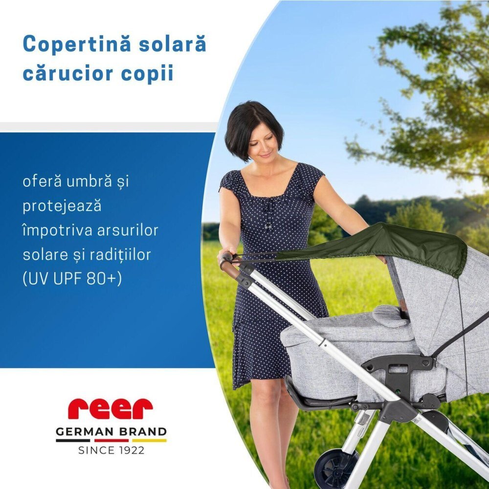 REER Copertina solara pentru carucior protectie UV UPF 80+ parasolar universal reglabil protectie vant si ploaie usoara prindere elastica universala montare rapida ShineSafe verde