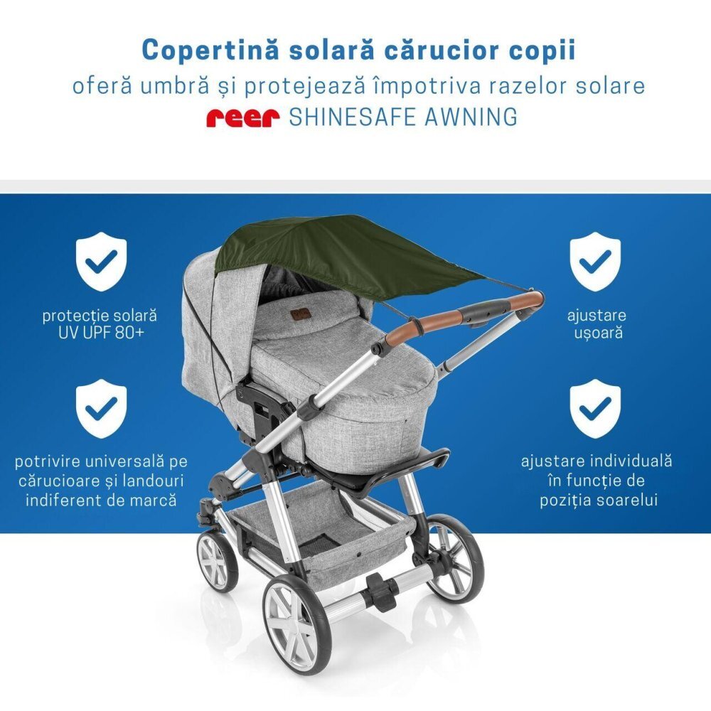 REER Copertina solara pentru carucior protectie UV UPF 80+ parasolar universal reglabil protectie vant si ploaie usoara prindere elastica universala montare rapida ShineSafe verde