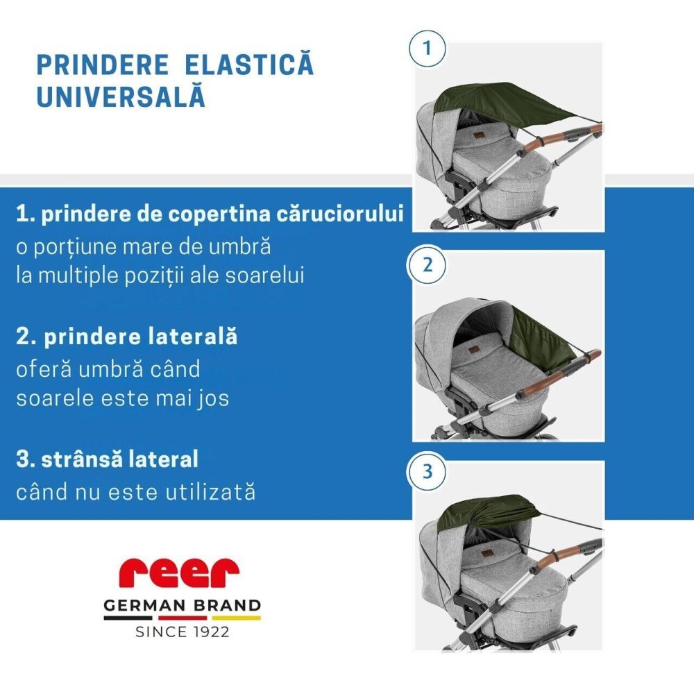 REER Copertina solara pentru carucior protectie UV UPF 80+ parasolar universal reglabil protectie vant si ploaie usoara prindere elastica universala montare rapida ShineSafe verde