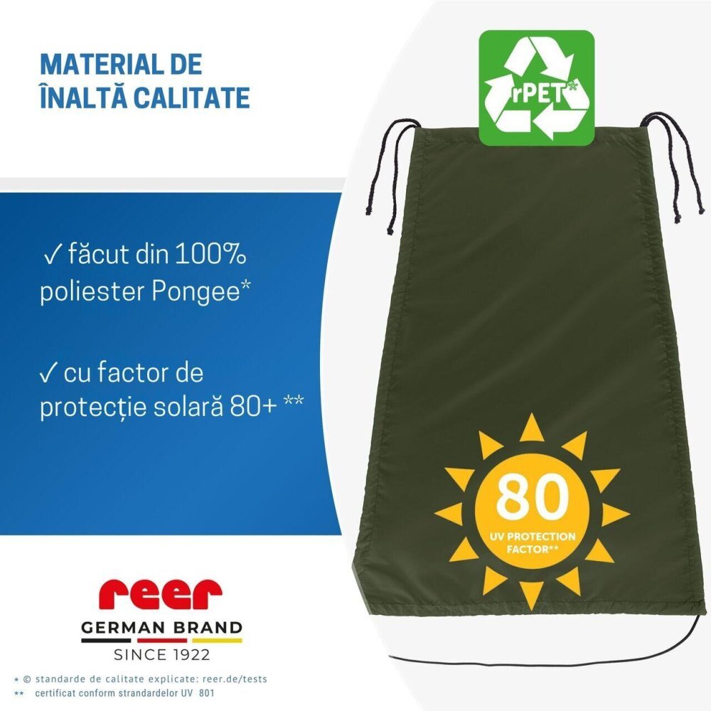 REER Copertina solara pentru carucior protectie UV UPF 80+ parasolar universal reglabil protectie vant si ploaie usoara prindere elastica universala montare rapida ShineSafe verde