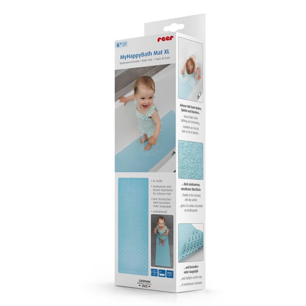 REER Covoras de baie antialunecare cu ventuze din cauciuc natural antibacterian dreptunghiular 97 x 36 cm albastru MyHappyBath Mat XL 76033