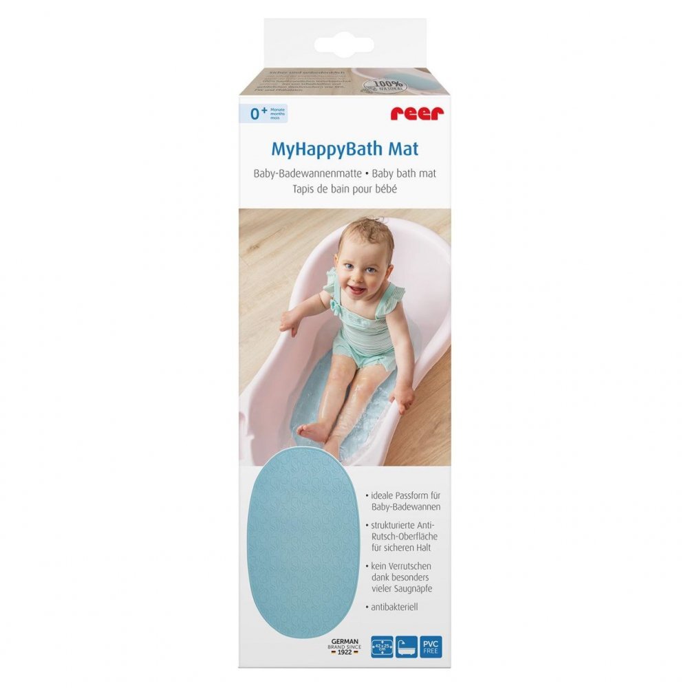 REER Covoras de baie antialunecare cu ventuze din cauciuc natural antibacterian oval 42 x 25 cm albastru MyHappyBath Mat 76023