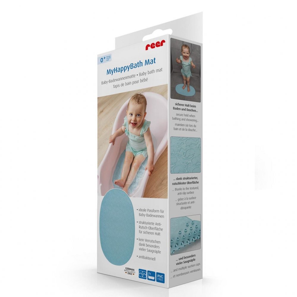 REER Covoras de baie antialunecare cu ventuze din cauciuc natural antibacterian oval 42 x 25 cm albastru MyHappyBath Mat 76023