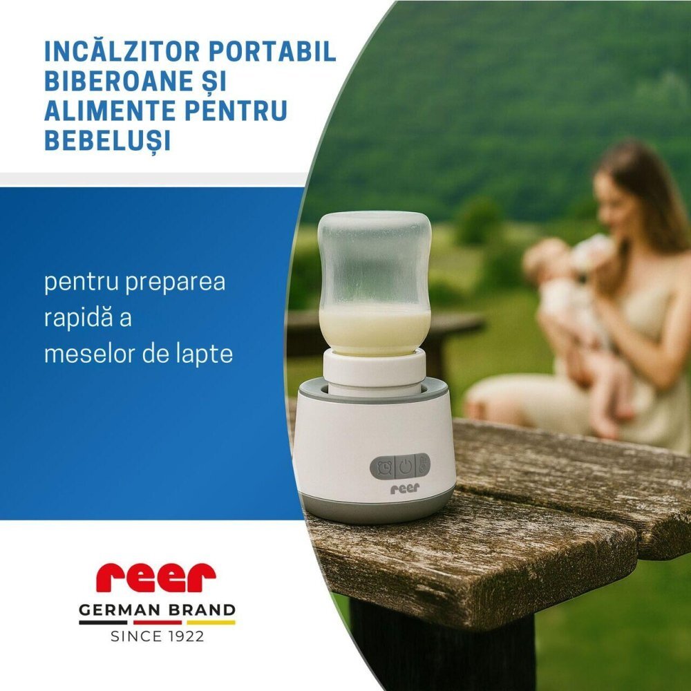 REER Incalzitor portabil biberoane si alimente pentru bebelusi 4 trepte temperatura 37-50C acumulator cu incarcare USB-C 3 adaptoare biberon incluse afisaj temperatura timer cu oprire automata Heat2Go