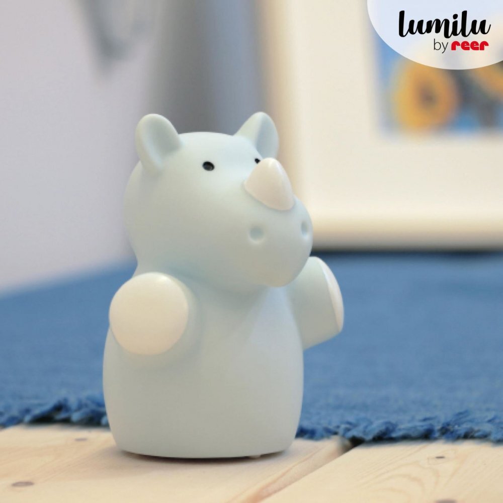 REER Lampa de veghe cu LED forma rinocer albastra Lumilu Mini Zoo Rhino