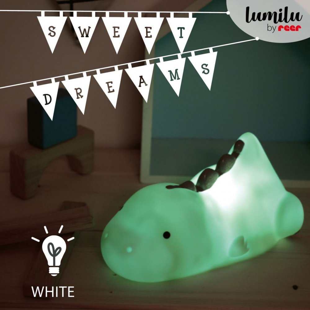 REER Lampa de veghe si veioza cu LED lumina reglabila si oprire cronometrata forma dinozaur turcoaz Lumilu Lazy Friends Dino