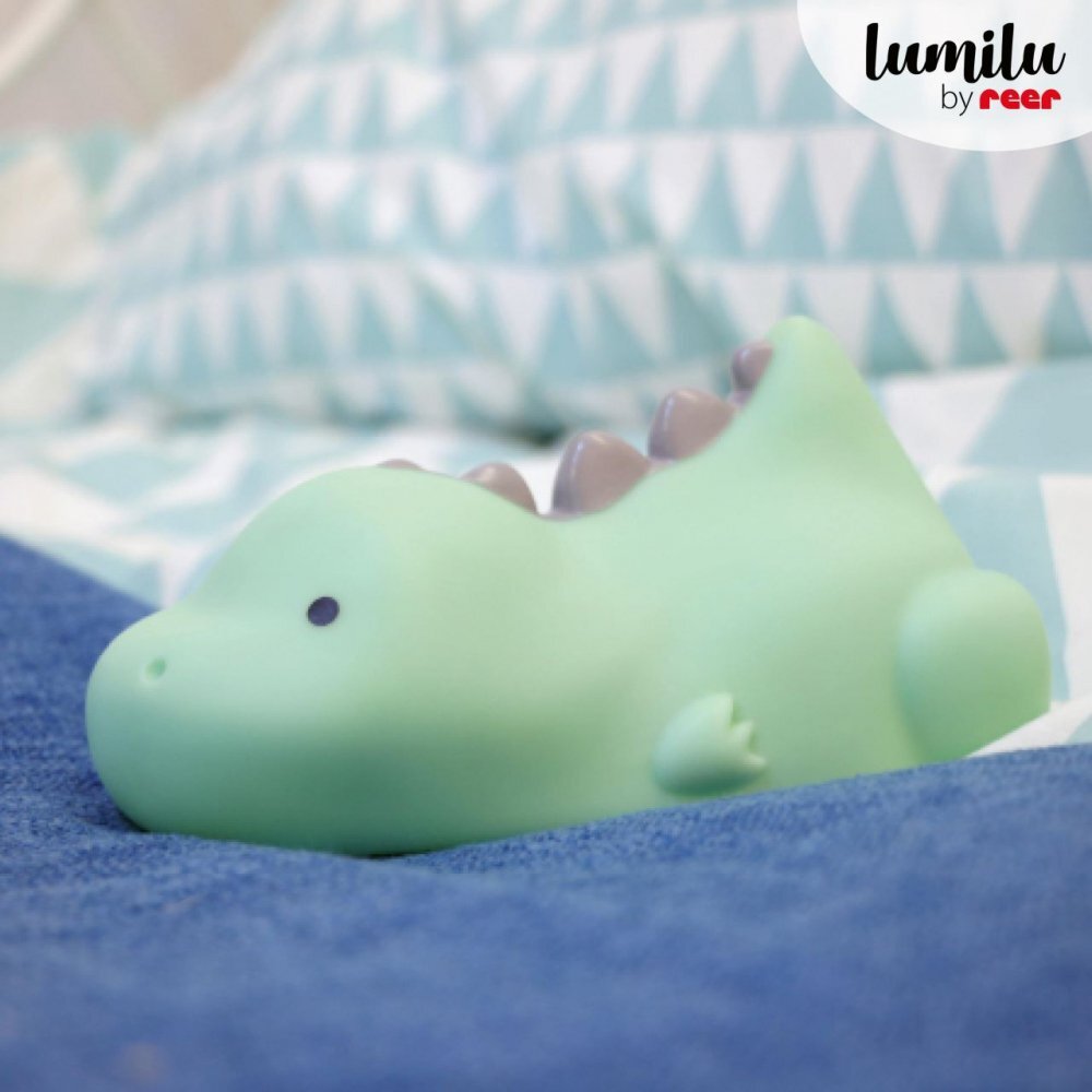 REER Lampa de veghe si veioza cu LED lumina reglabila si oprire cronometrata forma dinozaur turcoaz Lumilu Lazy Friends Dino