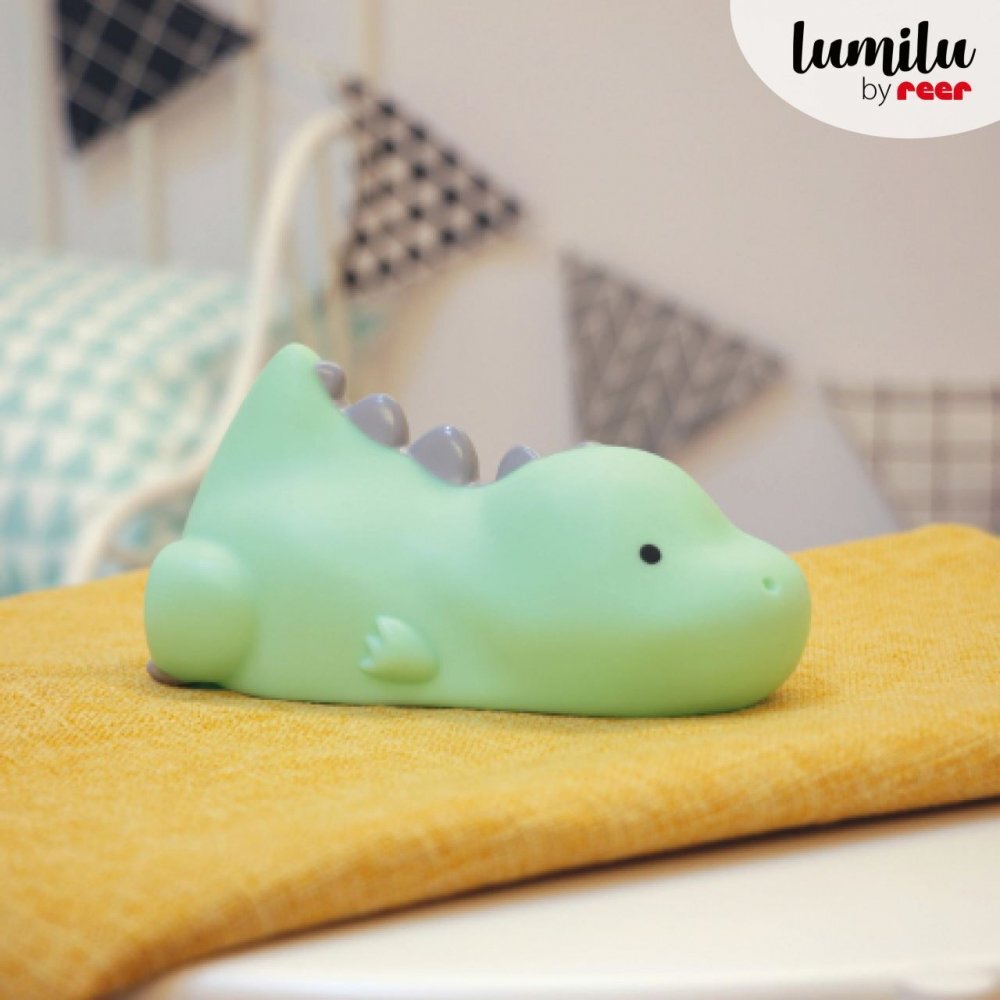 REER Lampa de veghe si veioza cu LED lumina reglabila si oprire cronometrata forma dinozaur turcoaz Lumilu Lazy Friends Dino