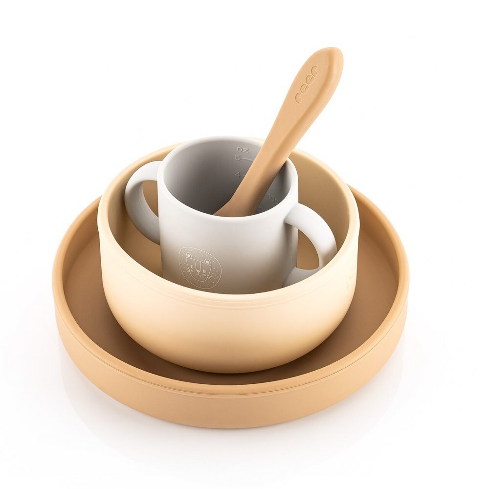 REER Set 4 piese vesela din silicon pentru copii fara BPA lavabile in masina de spalat vase Bej