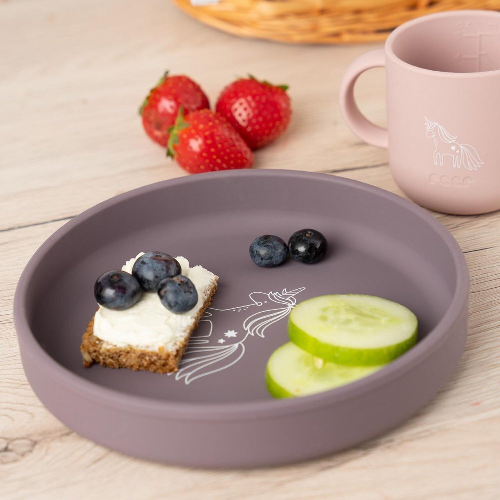 REER Set 4 piese vesela din silicon pentru copii fara BPA lavabile in masina de spalat vase Mov
