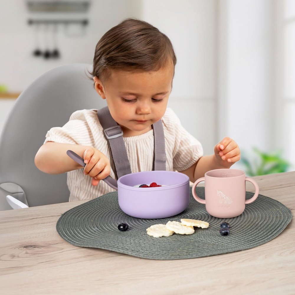 REER Set 4 piese vesela din silicon pentru copii fara BPA lavabile in masina de spalat vase Mov