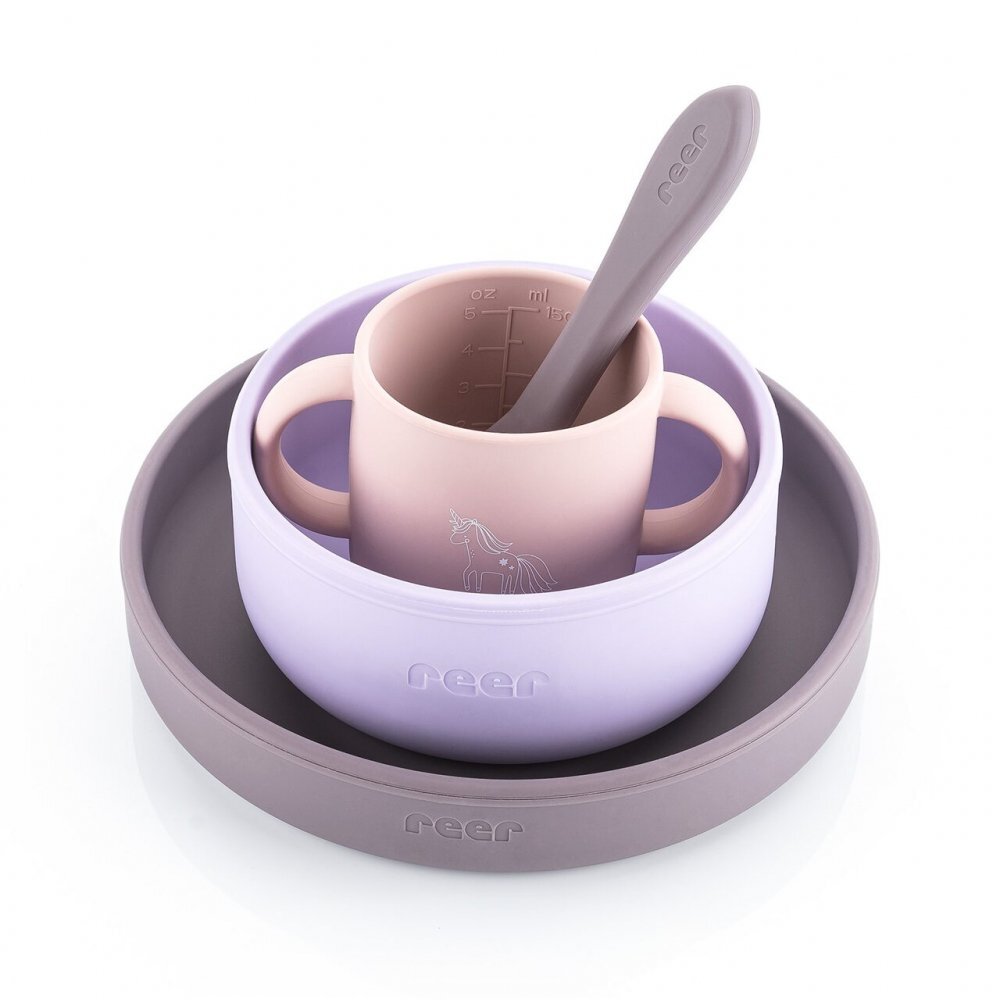 REER Set 4 piese vesela din silicon pentru copii fara BPA lavabile in masina de spalat vase Mov