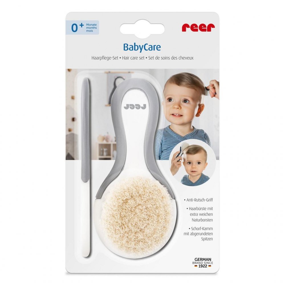 REER Set perie si pieptene ingrijire bebelusi cu par natural de capra alb cu gri BabyCare Hair 81070