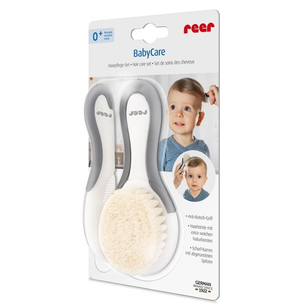 REER Set perie si pieptene ingrijire bebelusi cu par natural de capra alb cu gri BabyCare Hair 81070