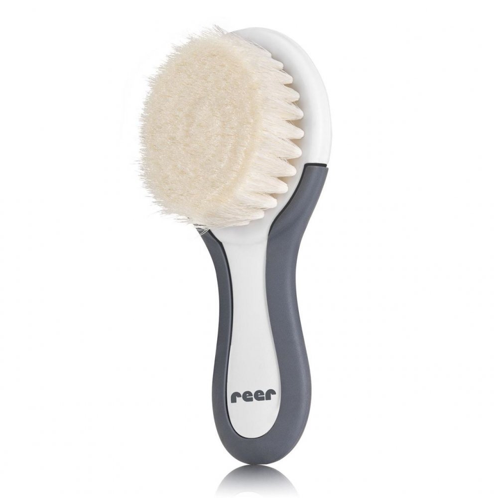 REER Set perie si pieptene ingrijire bebelusi cu par natural de capra alb cu gri BabyCare Hair 81070