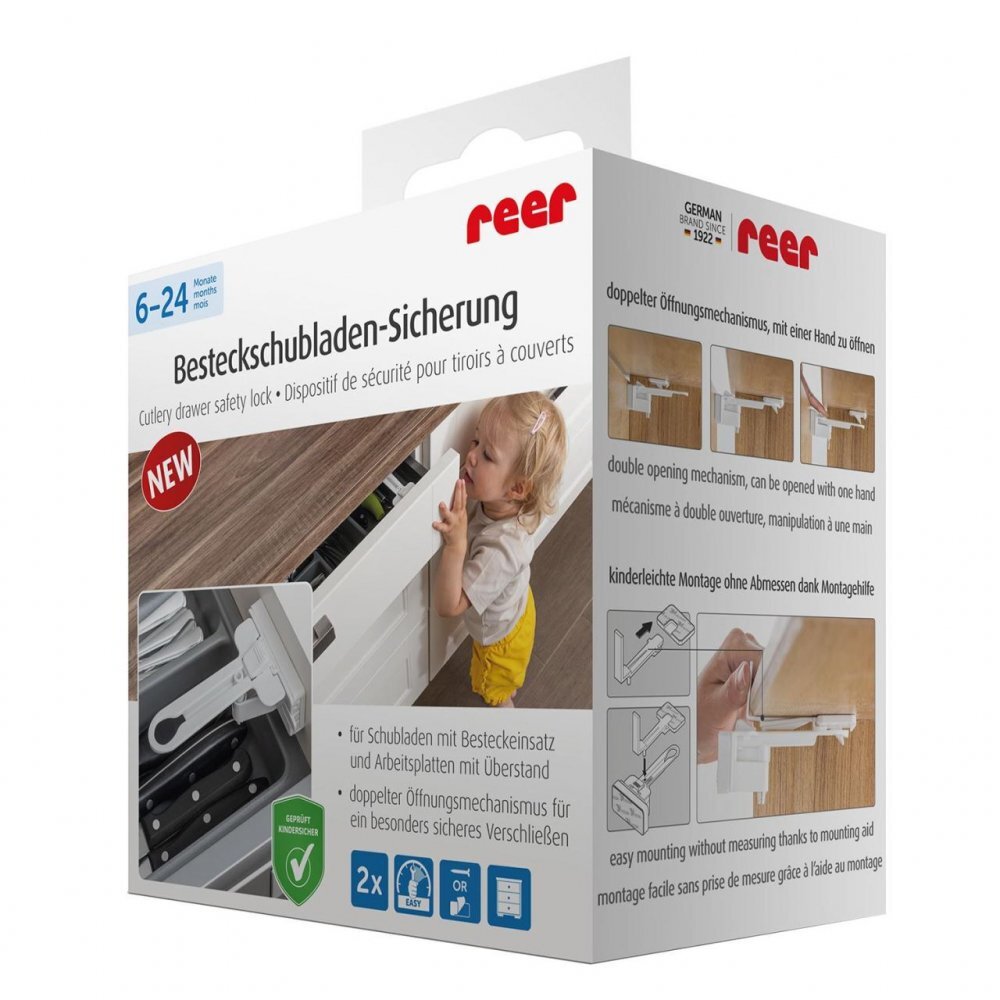 REER Set sigurante pentru sertare de tacamuri 2 bucati albe montare cu adeziv sau surub 71090