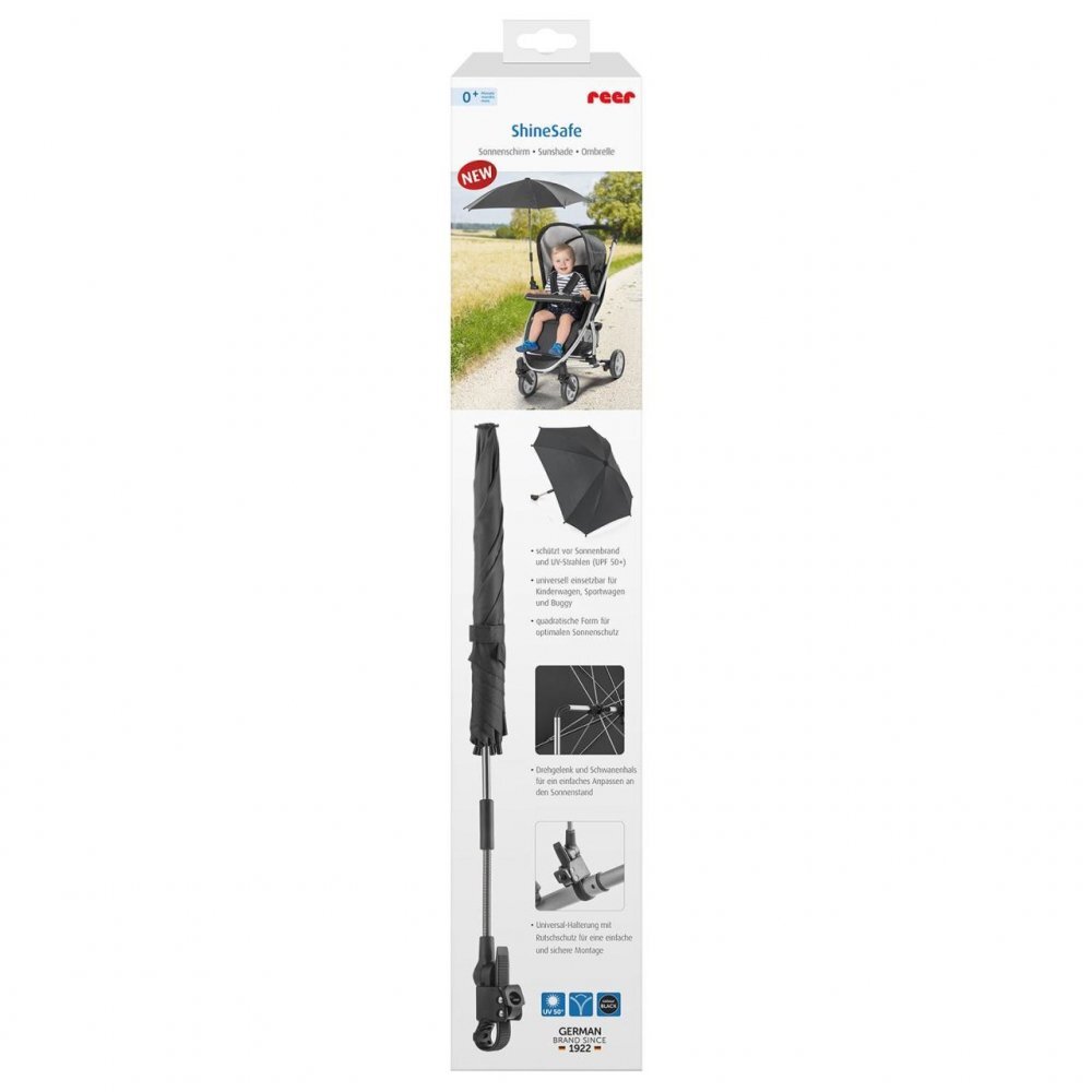 REER Umbreluta de soare ajustabila cu protectie solara UV 50+ pentru carucior bebelusi neagra ShineSafe Black 84151