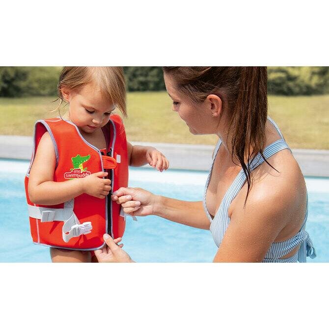 REER Vesta de inot pentru copii ajustabila 3-6 ani marimea M rosie cu imprimeu crocodil MySwimBuddy Swim Vest