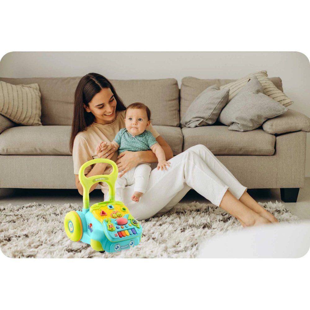 Ricokids Antepremergator educational multifunctional 2in1 Walker Car Turcoaz cu panou interactiv detasabilpianangrenaje mobilezornaitoriroti cu blocare