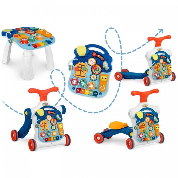 Ricokids Antepremergator educational transformabil 4 in 1 Albastru cu panou interactiv detasabiltransformabil in masuta de activitativehicul fara pedale sau trotineta33 melodiivolum reglabil
