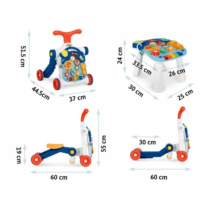 Ricokids Antepremergator educational transformabil 4 in 1 Albastru cu panou interactiv detasabiltransformabil in masuta de activitativehicul fara pedale sau trotineta33 melodiivolum reglabil