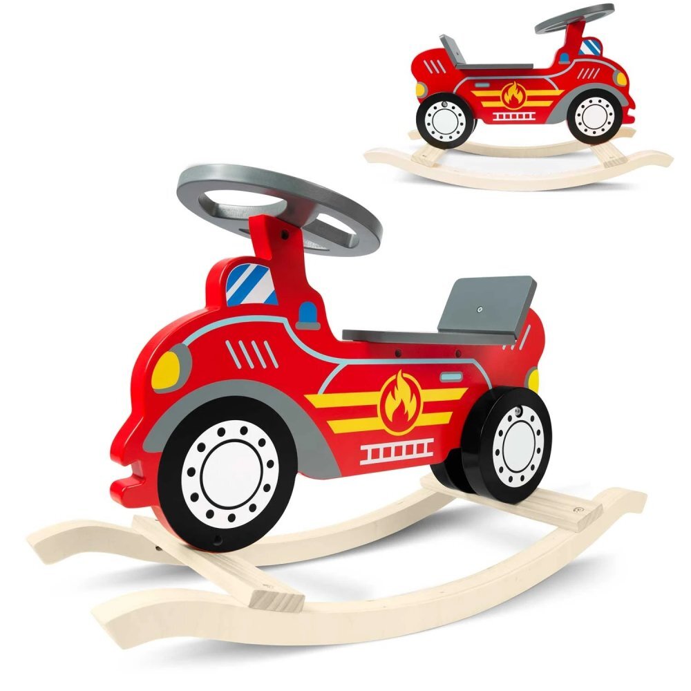 Ricokids Balansoar din lemn pentru copii Masina de pompieri Rosu cu volanscaun cu spatarconstructie usoara si robustavopsea non toxica