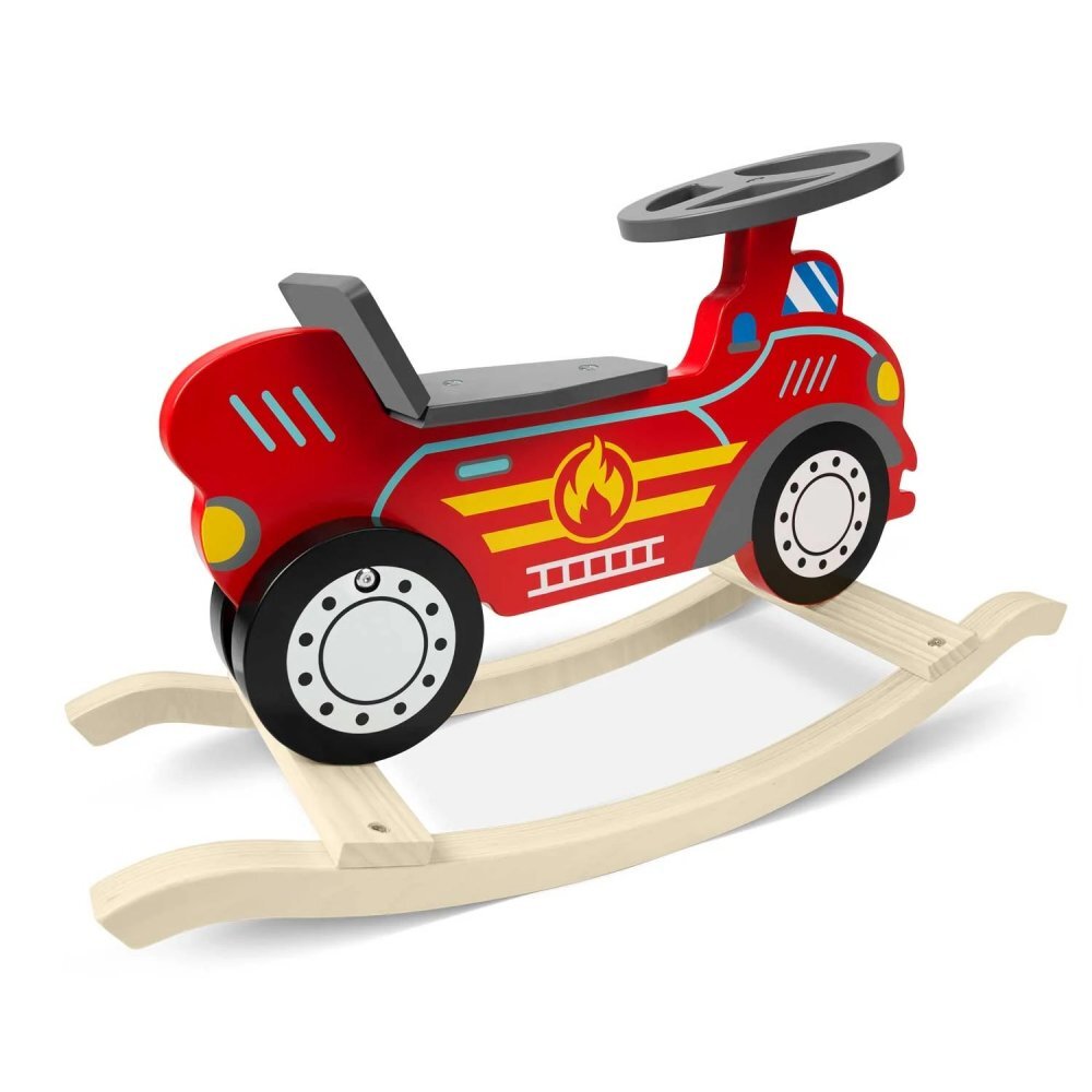 Ricokids Balansoar din lemn pentru copii Masina de pompieri Rosu cu volanscaun cu spatarconstructie usoara si robustavopsea non toxica