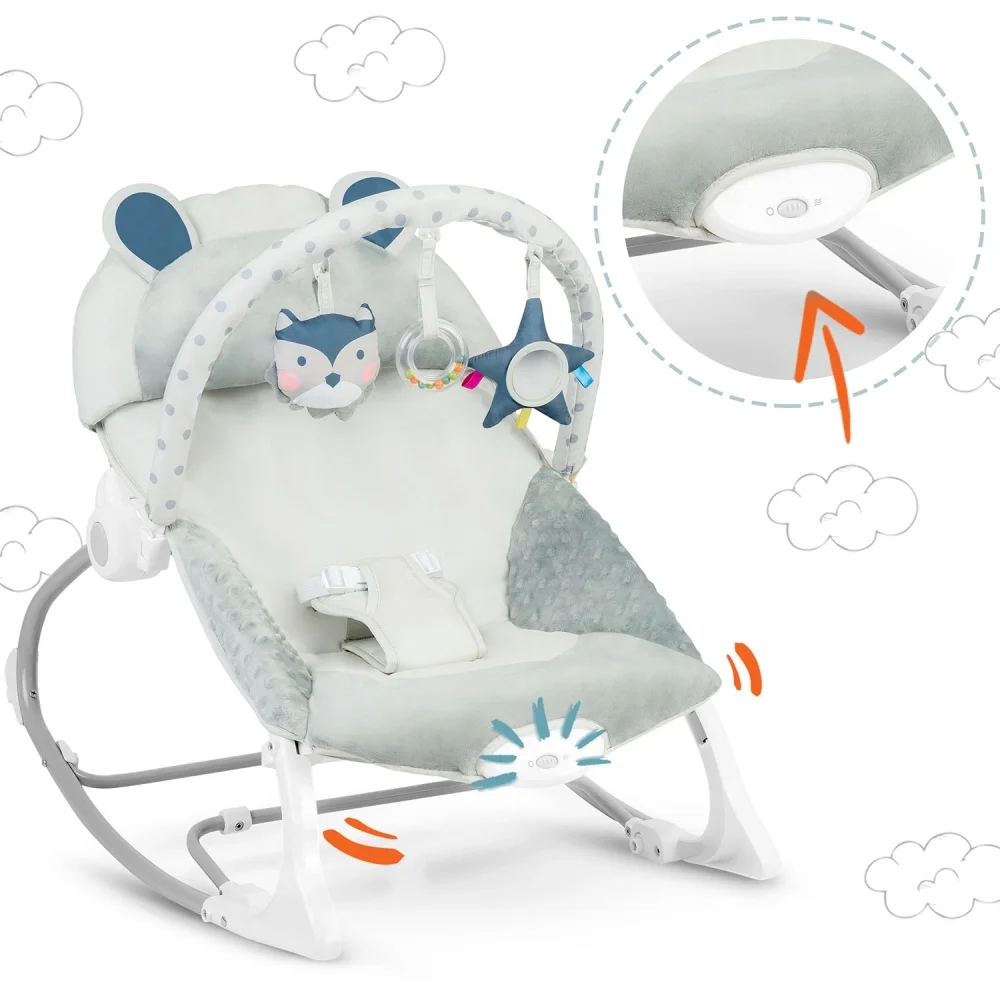 Ricokids Balansoar multifunctional cu vibratii Grey cu pernuta detasabilaarcada cu jucarii fosnaitoarehusa detasabilabaza antiderapanta si centuri de sigurantapana la 18 kg