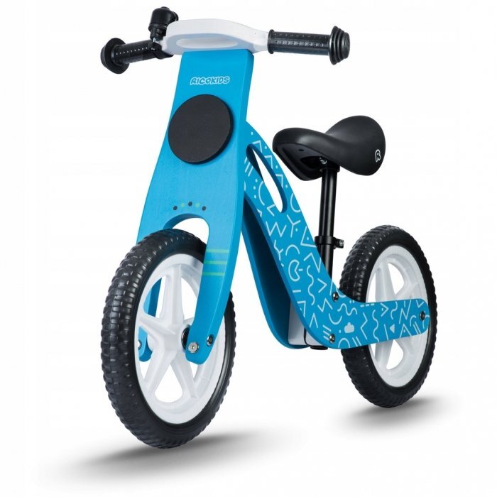 Ricokids Bicicleta copii din lemn fara pedale Albastru 12 inch roti spuma EVA de la 2 ani inaltimea scaunului 33-43 cm manere cauciucate scaun moale din spuma