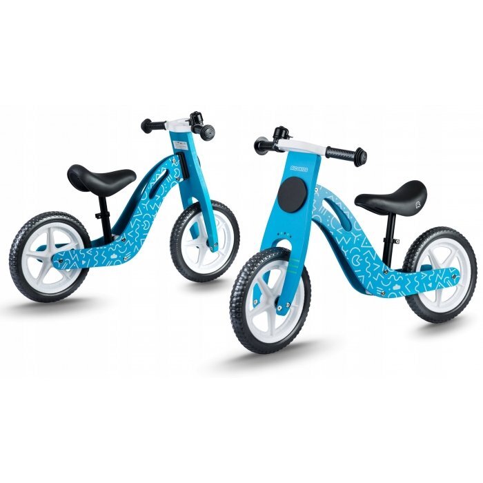 Ricokids Bicicleta copii din lemn fara pedale Albastru 12 inch roti spuma EVA de la 2 ani inaltimea scaunului 33-43 cm manere cauciucate scaun moale din spuma