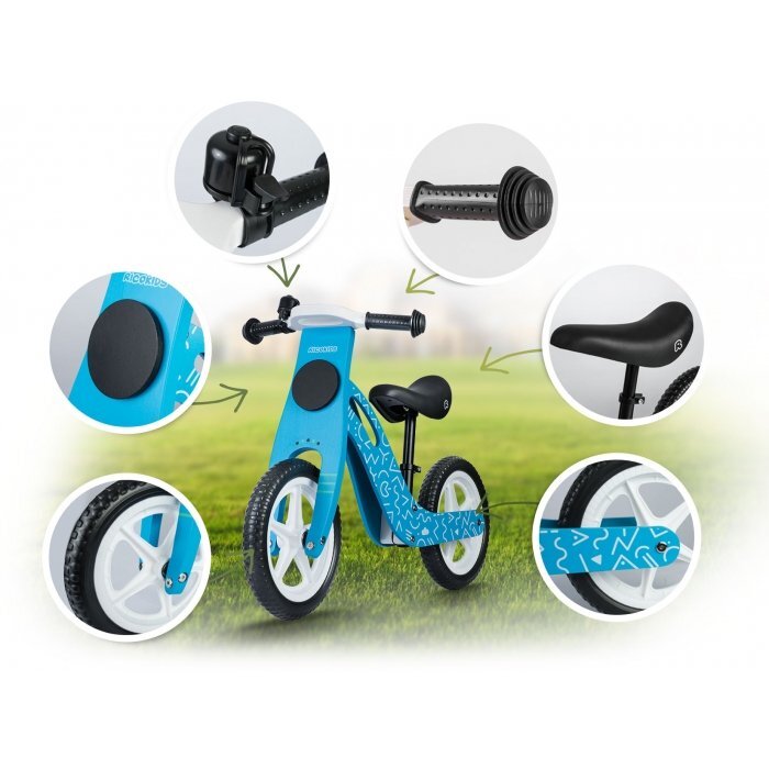 Ricokids Bicicleta copii din lemn fara pedale Albastru 12 inch roti spuma EVA de la 2 ani inaltimea scaunului 33-43 cm manere cauciucate scaun moale din spuma